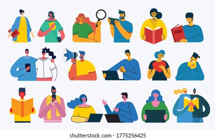 Set of people, men and women read book, work on laptop, search with magnifier, communicate. Vector graphic objects for collages and illustrations. Modern colorful flat style.