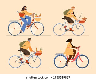 Set with people men and women riding bikes. Vector illustration