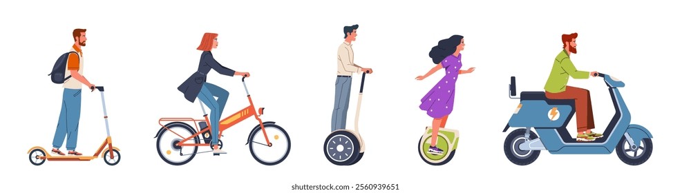 Set of people men and women riding on eco friendly safety electric transport. Scooter, bicycle, monowheel, segway. Modern flat cartoon illustration isolated on white background