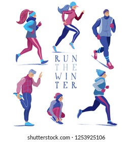 Conjunto de personas, hombres y mujeres, corriendo en temporada invernal, ilustración vectorial plana aislada en fondo blanco. Grupo de hombres y mujeres corriendo, trotando en temporada invernal, vestidos con ropa abrigada