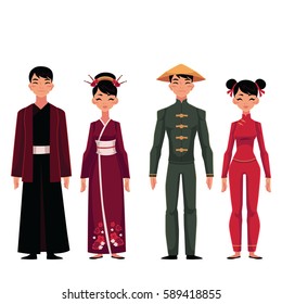 Set of people, men and women, in traditional national costumes, cartoon vector illustration isolated on white background. People of China in Chinese national clothes, garments, costumes