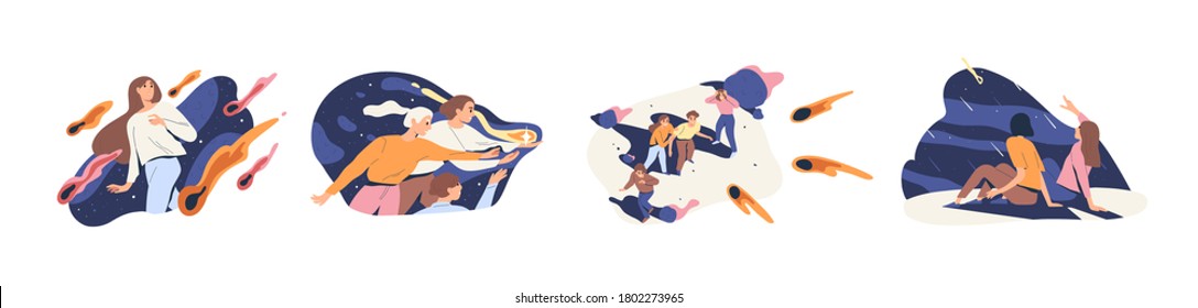 Set of people with meteor rain or shooting star vector flat illustration. Collection of man and woman with night meteorite sky isolated on white. Concept of follow dream or difficulties overcoming