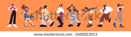 Set of people with mic singing by music in karaoke. Happy vocalists with microphone perform with song. Diverse singers, vocal performers show on concert stage. Flat isolated vector illustrations