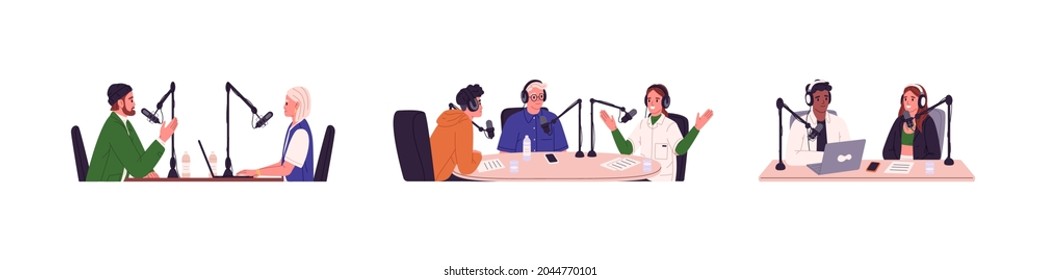 Set of people with microphones and headphones recording audio for podcasts and radio broadcasts. Happy men and women talking at live stream. Flat vector illustration isolated on white background