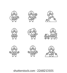 Set of people mining gold miner Black white outline Icon, Logo, and cute illustration Vector