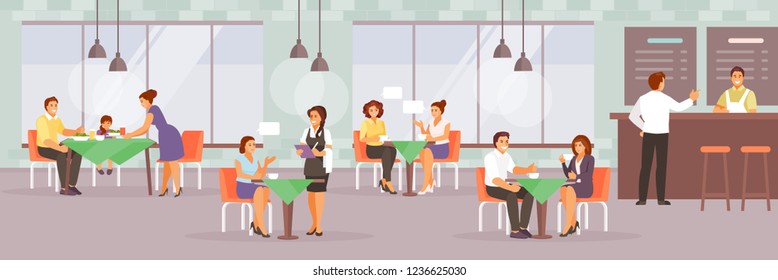 Set of people in a modern cafe. Family, friends, colleagues lunch. Vector illustration