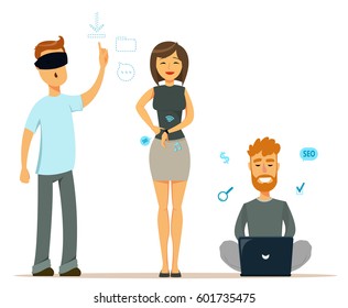 Set of people with modern gadgets. Man in virtual reality glasses. Cheerful woman with smart watch. Man sitting on the floor and working with laptop. Characters. Cute flat style. Vector EPS10