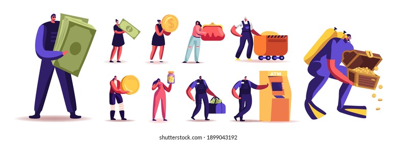 Set of People with Money. Male and Female Characters Mining Gold, Searching Treasure, Shopping and Withdraw Cash from Atm Machine, Savings Isolated on White Background. Cartoon Vector Illustration