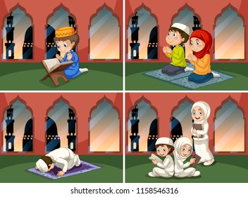 A set of people at mosque illustration
