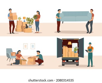 Set of people moving. Transportation service. Vector cartoon flat style illustration