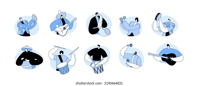Set of People Musicians, Mexicans Celebrate Cinco De Mayo Festival. National Folk Music Holiday. Men in Sombrero Playing Guitar, Tambourine, Drum, Saxophone and Maracas. Cartoon Vector Illustration