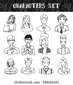 Set of People Occupations Doodles. Vector illustration.