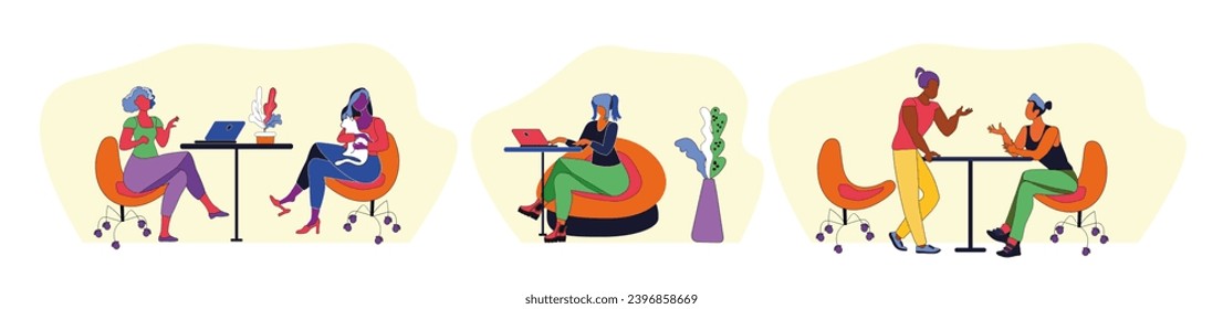 Set of people in the office, bright vector illustration, Not AI, hand drawn for design, cartoon