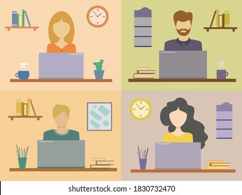 Set of people in office. Computer work. Flat vector illustrations.