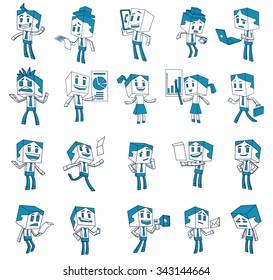 Set of People in the office in line style, 20 characters doing work with different emotions, vector