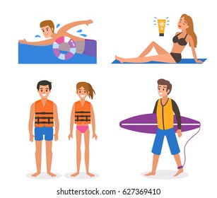 Set of people on the beach. Flat style vector illustration isolated on white background.