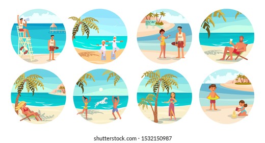 Set of People on the beach. Men and women characters on summer vacation in cartoon style. Isolated on white background. Flat Art Vector illustration