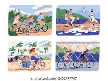 Set of people on bicycle. Happy men, women, families and couples cyclists on bikes riding in park and nature. Summer activity outdoors. Cartoon flat vector illustrations isolated on white background