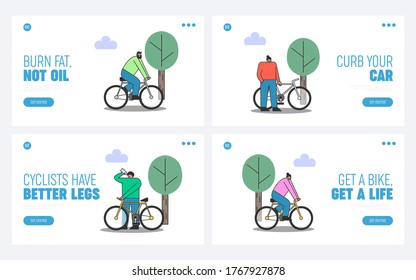 Set of people on bicycles. Landing pages for fitness and cycling for healthy lifestyle website design. Cartoon male and female bicycling in part. Template flat vector illustration