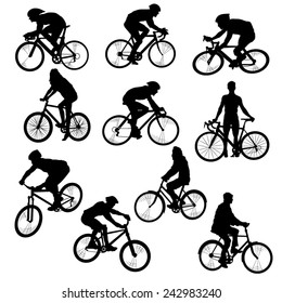 Set of People on Bikes-Silhouettes. Vector Image