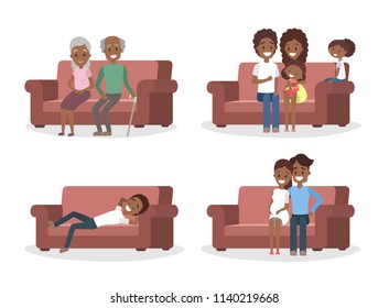 Set of people on the couch. Funny characters sitting on the comfortable sofa. Relaxation and leusire activities. Isolated flat vector illustration
