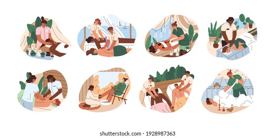 Set of people on couches during massages, beauty procedures, body wraps and treatments. Happy men and women in SPA wellness salon. Colored flat vector illustration isolated on white background
