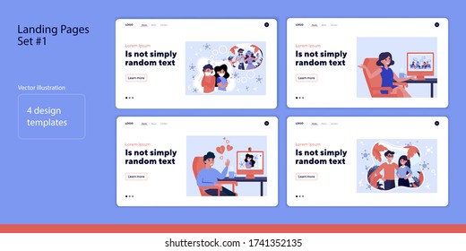 Set of people on isolation. Flat vector illustrations of men and women staying at home. Health and online chat concept for banner, website design or landing web page
