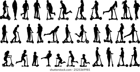 set of people on scooters silhouette on white background, vector