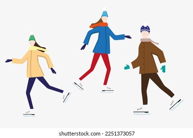 A set of people on skates, a man and two women in bright winter clothes in hats with a pompom and scarves. Flat vector illustration