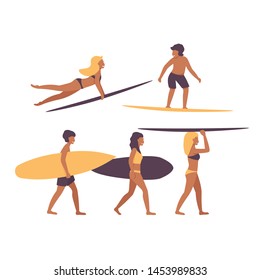 Set people on the surf board. Surfing. Surfers men and women riding on the waves. Surfer characters. Summer surface water sport. Flat vector illustration.