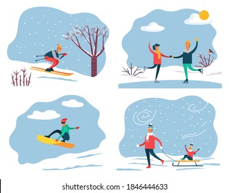 Set of people on winter vacation leading active and sportive lifestyle. Skiing and snowboarding, couple ice skating. Father pulling sleds with son sitting on it. Family weekends in wintertime vector