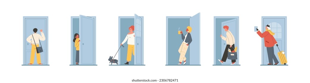 Set of people open doors flat style, vector illustration isolated on white background. Design elements collection, knock and ring doorbell, go out and in