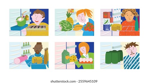 Set of People Open Refrigerator for Food. Overeating Guilty Pleasure. Late Snack on Midnight.Unhealthy Bad Habbits in Vector Illustration. Overweight Diet. Junk Food Addiction Banner Image.