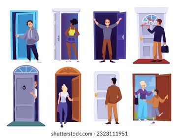 Set of people with opened and closed doors flat style, vector illustration isolated on white background. Entrance and exit, knocking, emotional characters, design elements collection