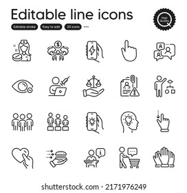 Set Of People Outline Icons. Contains Icons As Buyer Think, Search Employee And Group Elements. Myopia, Algorithm, Sharing Economy Web Signs. Equality, Charging App, Idea Head Elements. Vector