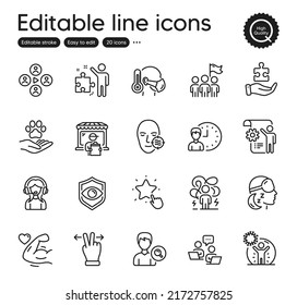 Set of People outline icons. Contains icons as Insomnia, Strong arm and Settings blueprint elements. Sick man, Delivery market, Pets care web signs. Teamwork, Support. Outline insomnia icon. Vector