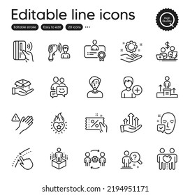 Set of People outline icons. Contains icons as Employee hand, Businesswoman person and Add person elements. Face accepted, Engineering team, Hold box web signs. Budget accounting. Vector