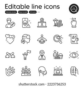 Set of People outline icons. Contains icons as Heart, Touchscreen gesture and Social responsibility elements. Report, Business podium, Vacancy web signs. Health eye, Edit person. Vector