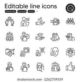 Set of People outline icons. Contains icons as Download app, Accounting and Delivery man elements. Education, Donation money, Puzzle web signs. Lungs, Queue, Woman love elements. Vector