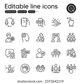 Set of People outline icons. Contains icons as Video conference, Fake internet and Workflow elements. Social distance, Ask question, Plan web signs. Coronavirus injections, Do not touch. Vector