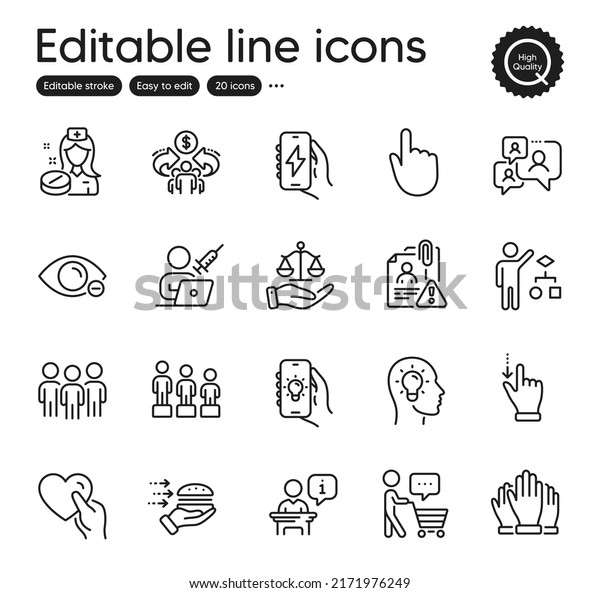 Set of People outline icons. Contains icons as\
Buyer think, Search employee and Group elements. Myopia, Algorithm,\
Sharing economy web signs. Equality, Charging app, Idea head\
elements. Vector