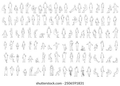 Set with people outlines in different positions from black lines isolated on white background. Men, women and children walking, running, standing, sitting. Front view. Vector illustration.
