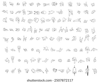 Set with people outlines in different positions from black lines isolated on white background. Men, women and children walking, running, standing, sitting. Top view. Vector illustration.