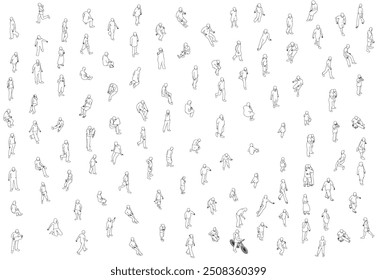 Set with people outlines in different positions from black lines isolated on white background. Men, women and children walking, running, standing, sitting. Isometric view. Vector illustration. 3D