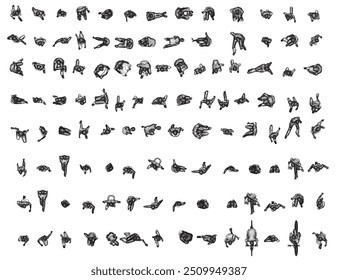 Set with people outlines in different positions from black lines isolated on white background. Men, women and children walking, running, standing, sitting. Top view. Vector illustration.