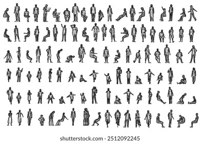 Set with people outlines in different positions from black lines isolated on white background. Men, women and children walking, running, standing, sitting. Front view. Vector illustration.