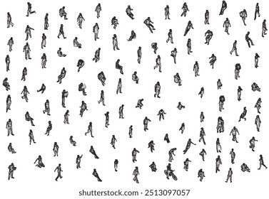 Set with people outlines in different positions from black lines isolated on white background. Men, women and children walking, running, standing, sitting. Isometric view. Vector illustration. 3D