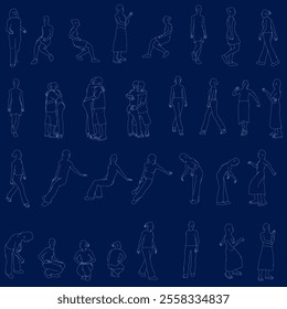 Set with people outlines in different positions from blue lines isolated on dark background. Men, women and children walking, running, standing, sitting. Vector illustration.