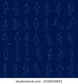 Set with people outlines in different positions from blue lines isolated on dark background. Men, women and children walking, running, standing, sitting. Vector illustration.