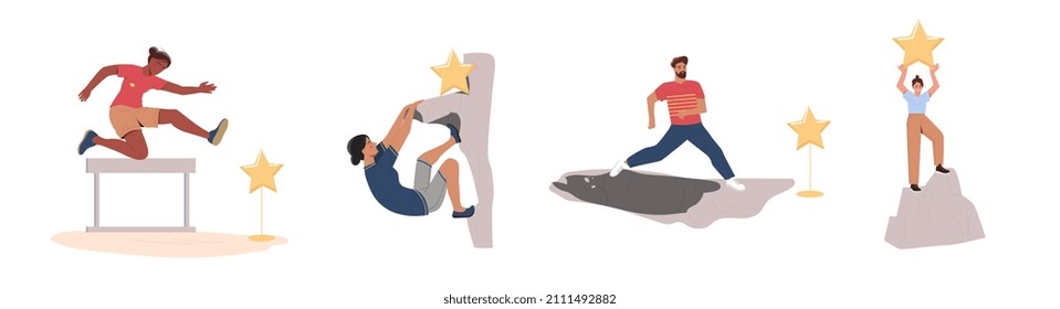 Set of people overcoming obstacles on way to success. Men and women climb to mountain and jump over barrier. Achieving goals or stars. Cartoon flat vector collection isolated on white background